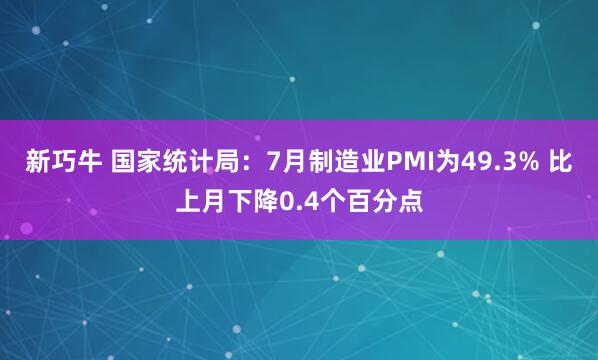 新巧牛 国家统计局：7月制造业PMI为49.3% 比上月下降0.4个百分点